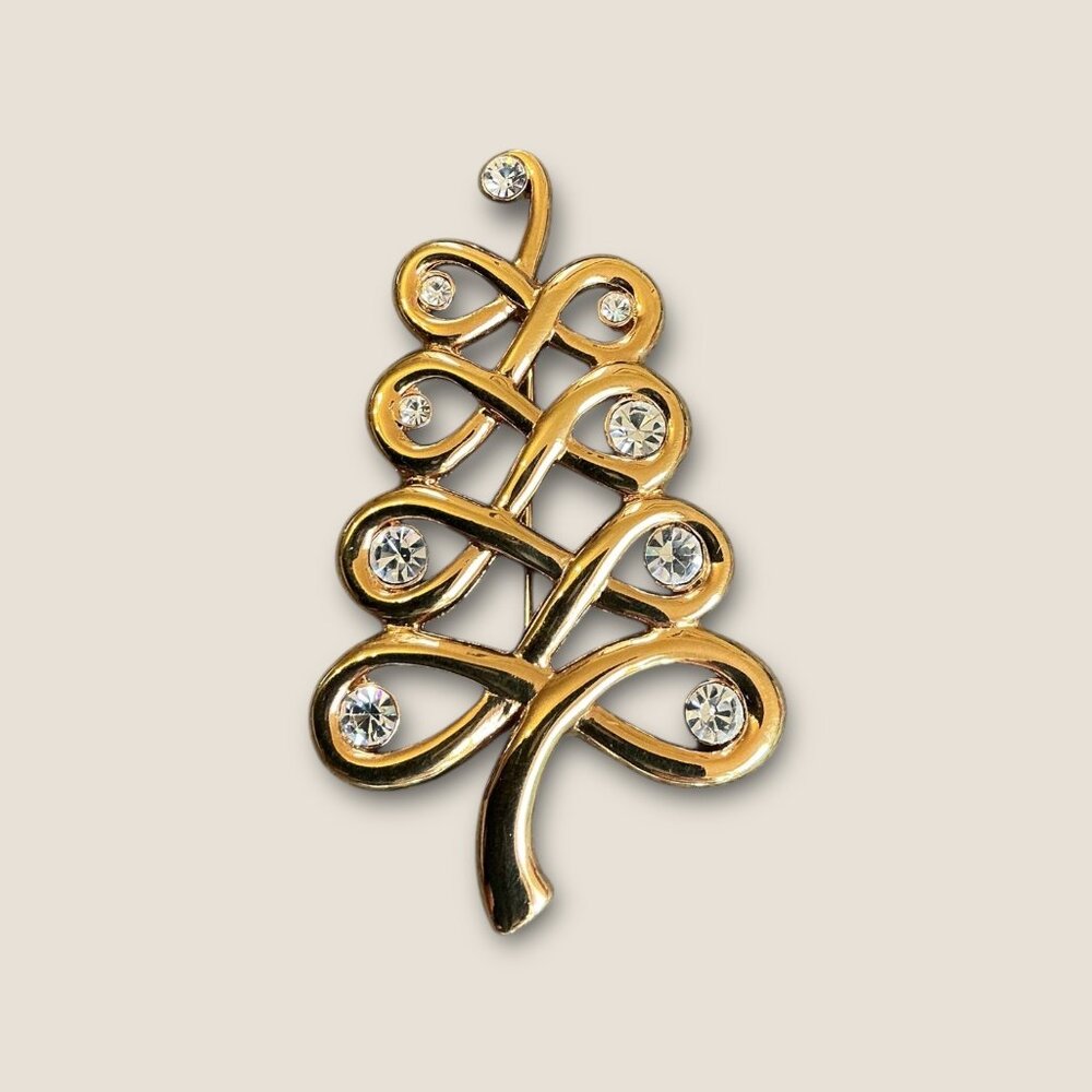 Gold Tone Christmas Tree Rhinestone Brooch Pin 2.5. X 1.5 inches